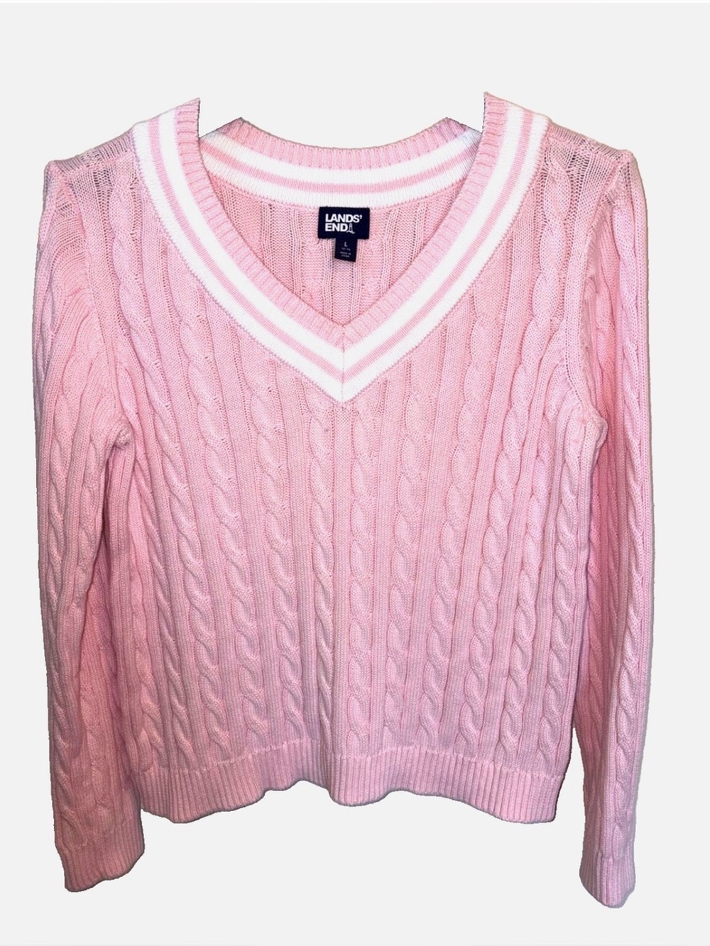 Lands’ End Cable Knit Sweater Pink White Stripe V Neck Cotton L 12-14